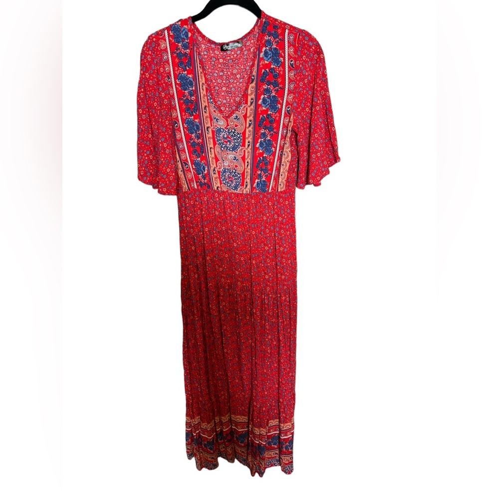 Pretty Garden red Floral short sleeve maxi dress size medium
